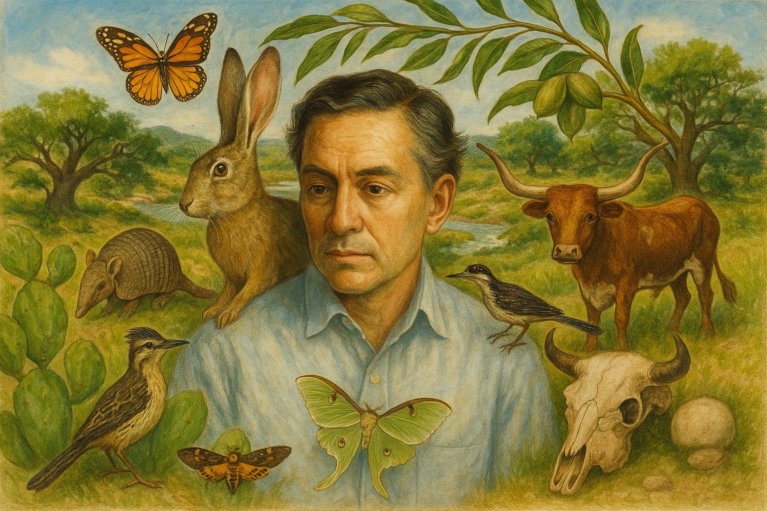 Portret Kermita Olivera ze zwierzętami w tle